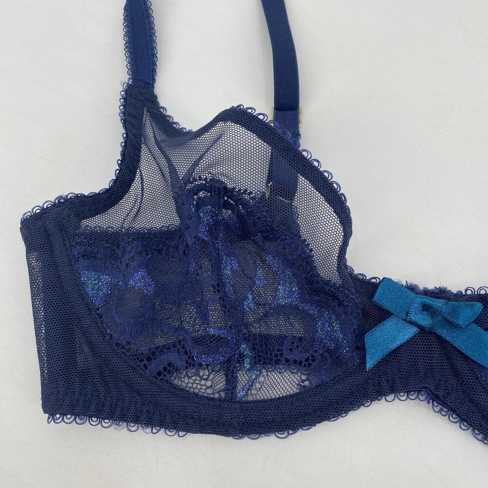 L'Agent Agent Provocateur Non Pad Demi Bra 32C Blue Sheer Lace Glitter - Picture 3 of 9